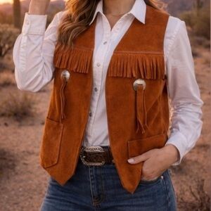 Vintage Gen Oine Leather Suede Fringe Vest Berman Buckskin Co Western Boho Sz M